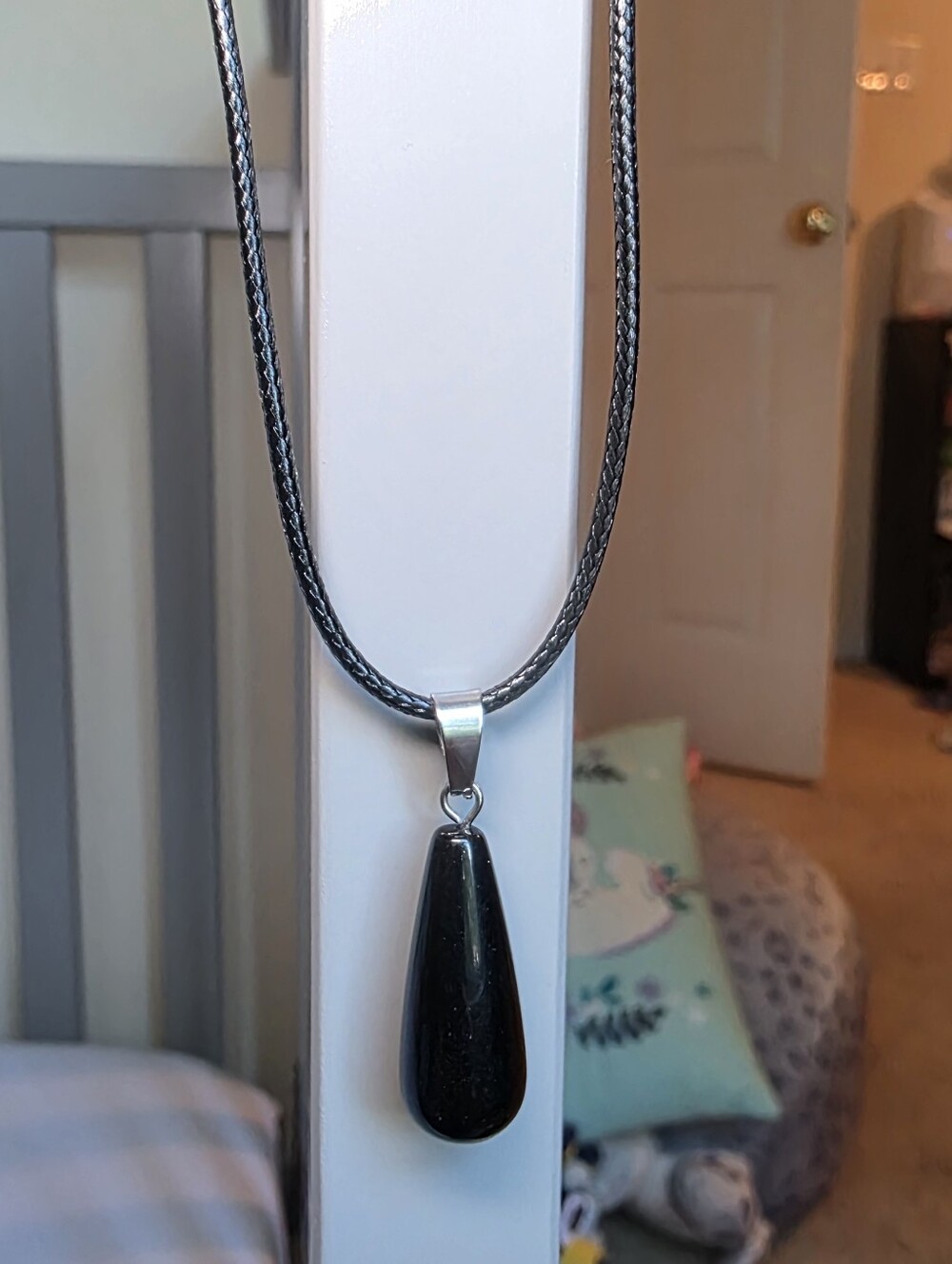 Black Tear Drop Crystal Stone Pendant On Black Cord Necklace